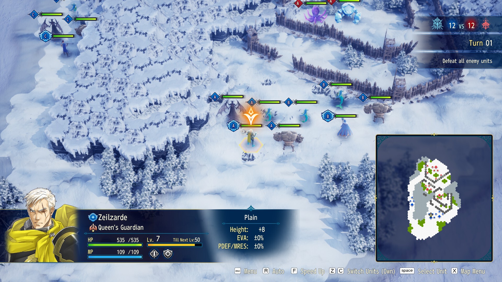 Official Brigandine Abyss screenshot of a snowy hex battlefield